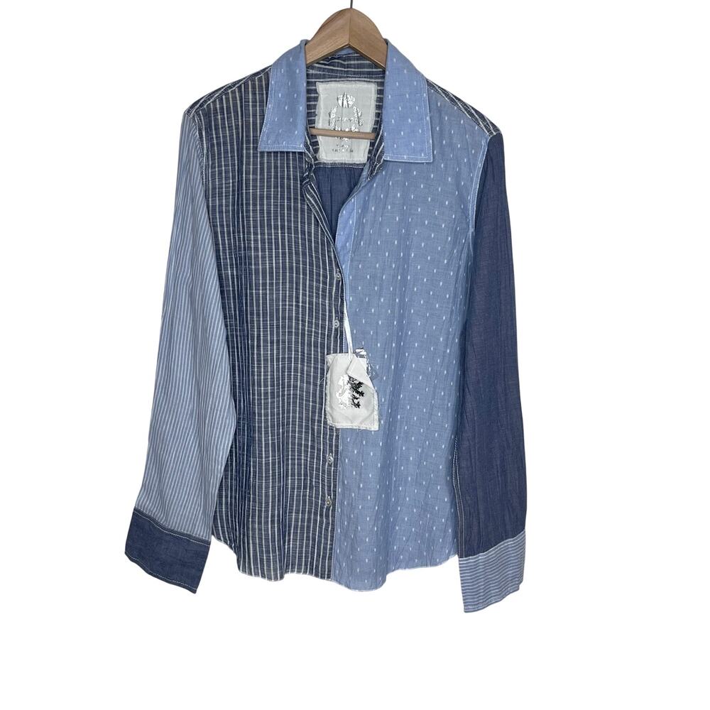 Cino Blue Patchwork Mixed Print Roll Tab Button Up Blouse XL NWT